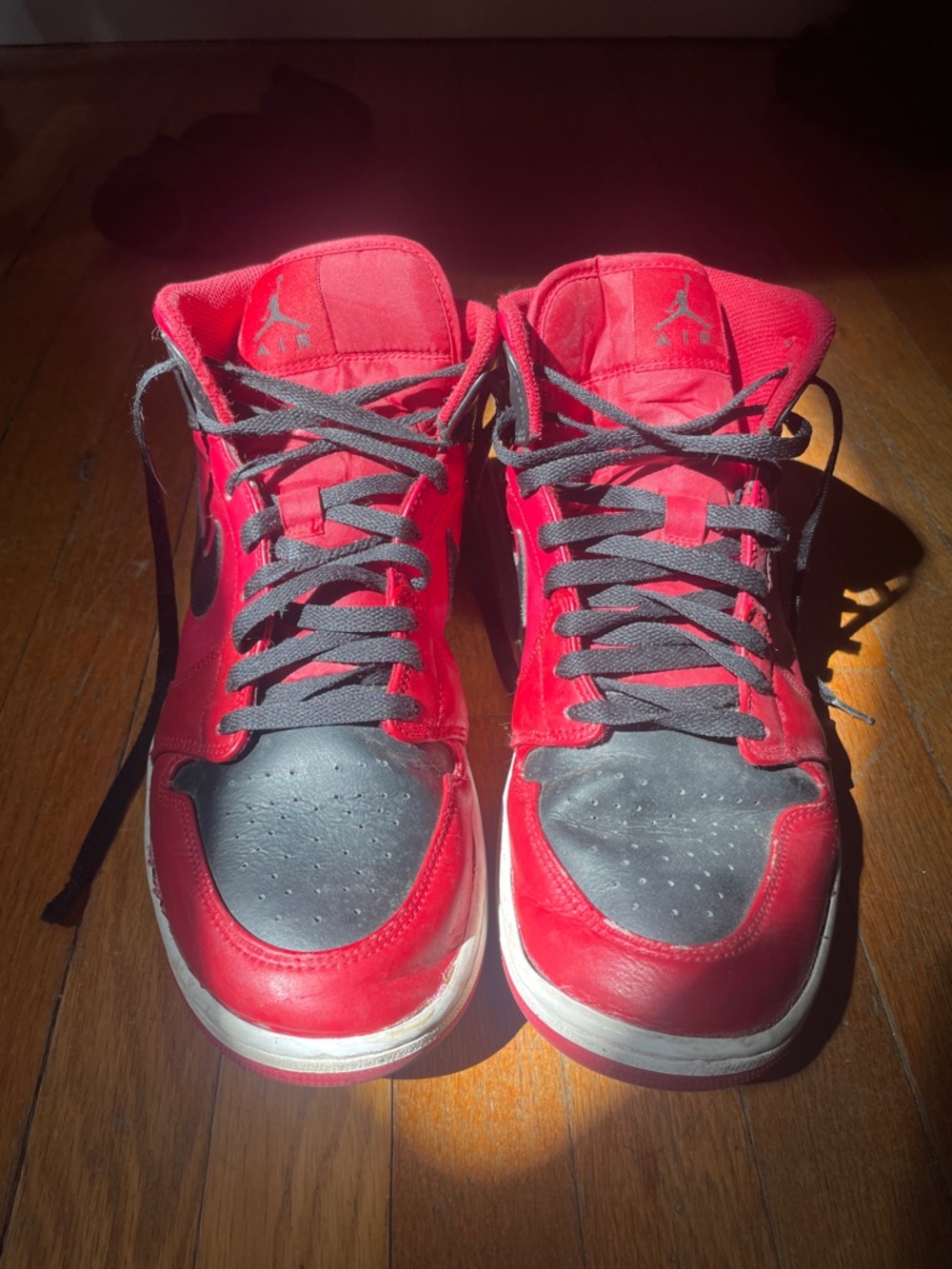 Jordan Kids Red and Black High-Top Sneakers with Grey Laces